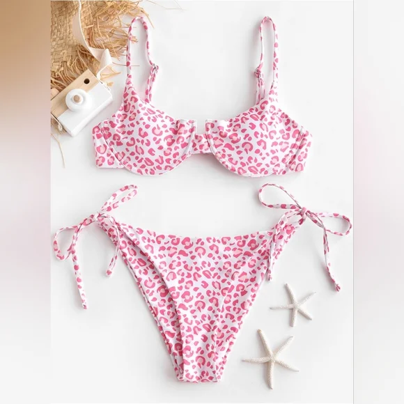ZAFUL Leopard Side Tie Push Up Bikini Swimwear Set Sz Medium Pink Underwire NEW - Picture 2 of 9